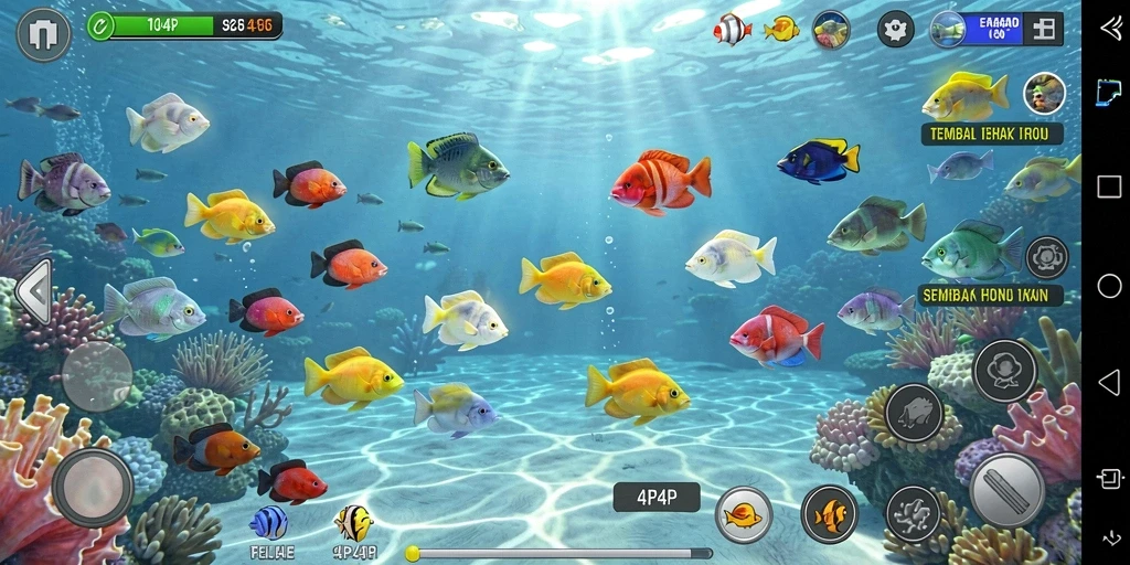 Gameplay seru dalam 4P4P menangkap ikan berwarna-warni.