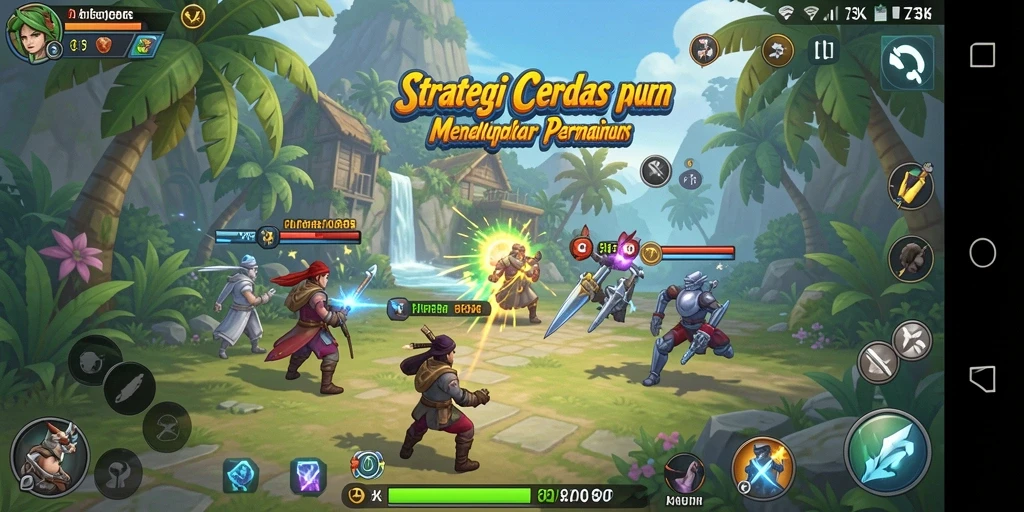 Tangkapan layar gameplay 73K menampilkan pertempuran strategi yang intens.