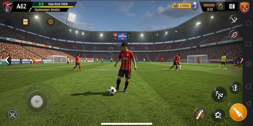 Screenshot utama AA62 menampilkan aksi seru pertandingan sepak bola.