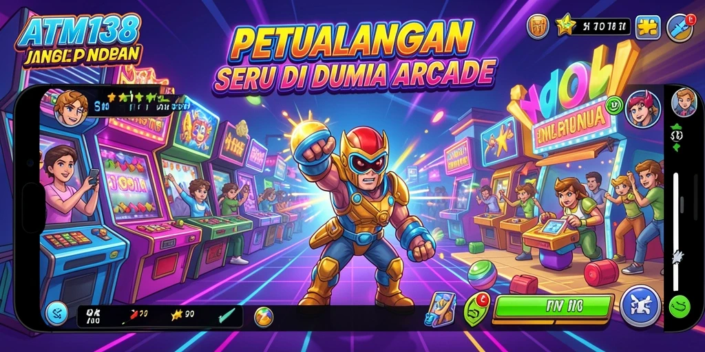 Screenshot gameplay ATM138 dengan karakter lucu dan grafis cerah.