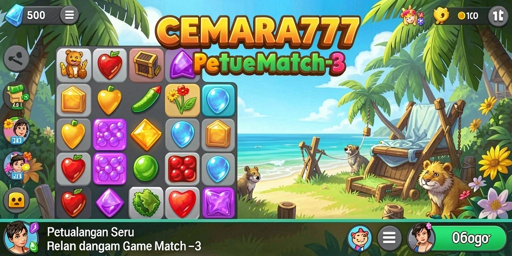 Screenshot menampilkan momen mencocokkan permata berwarna dalam gameplay Match-3.