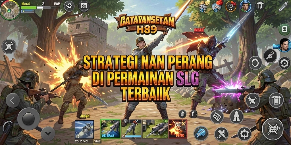 Screenshot H89 menampilkan aksi pertempuran strategis dan pembangunan kerajaan.