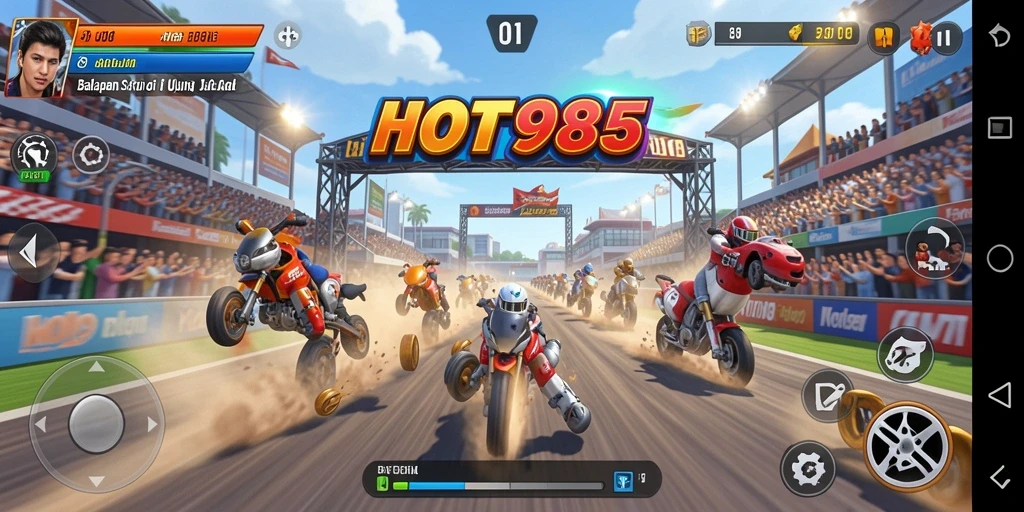 Tampilan aksi balapan mendebarkan dalam HOT985 dengan mobil yang melaju cepat.