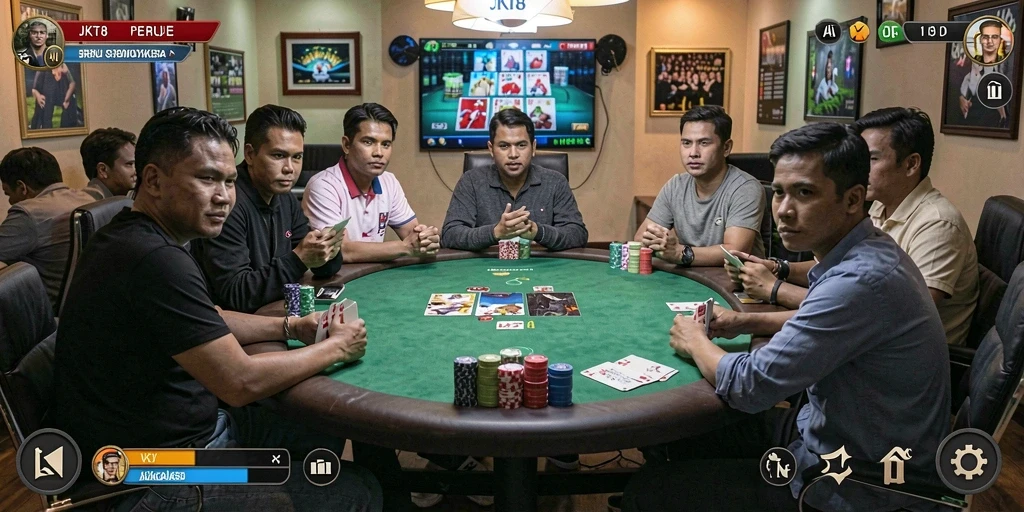 Gameplay JKT8 dengan suasana poker yang mendebarkan.