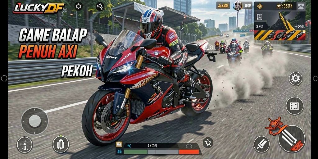 Screenshot gameplay <strong>LUCKYDF</strong> menampilkan balapan motor yang menegangkan dan grafis menarik.