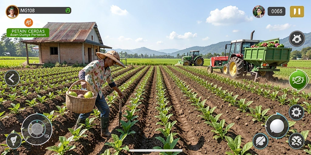 Screenshot MG108 menampilkan petani sedang merawat tanaman di kebun.