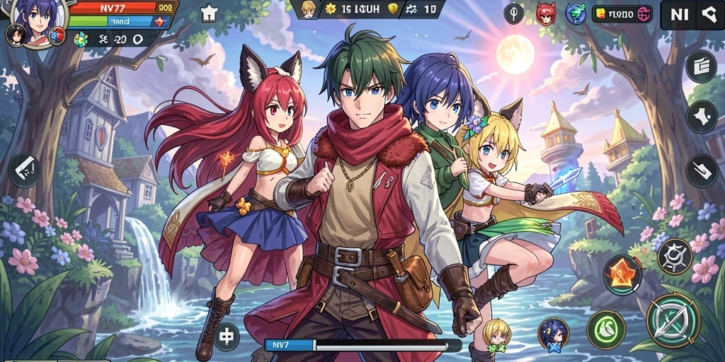 Tampilan gameplay NV77 dengan karakter anime yang dinamis dan menarik.