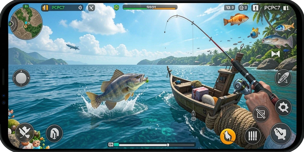 Tampilan gameplay PCPC7 yang memukau saat memancing di laut.