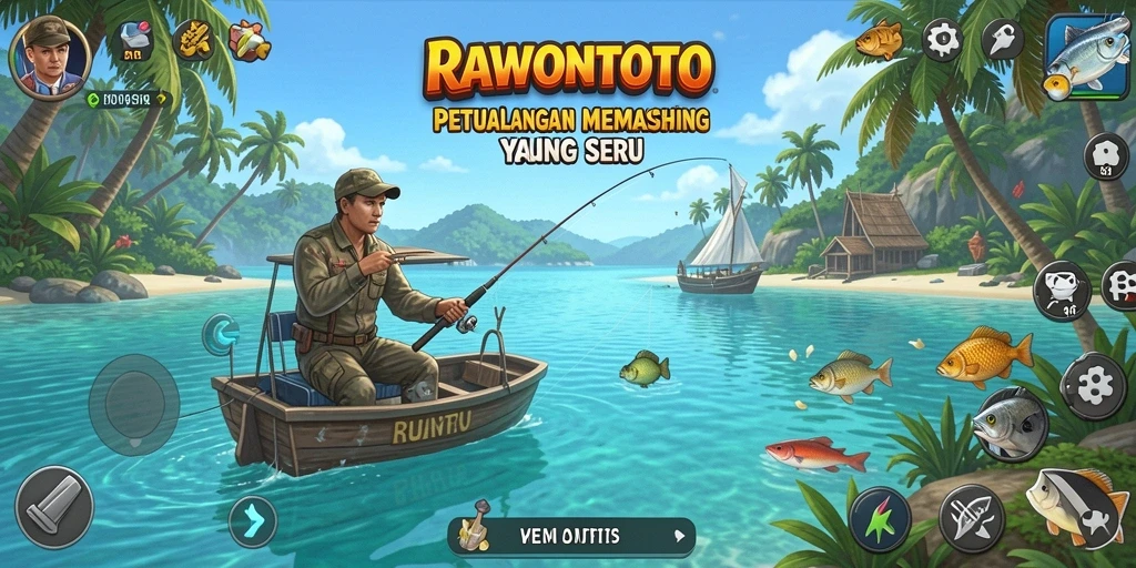 Tampilan gameplay RAWONTOTO dengan pemancing menarik ikan di laut.